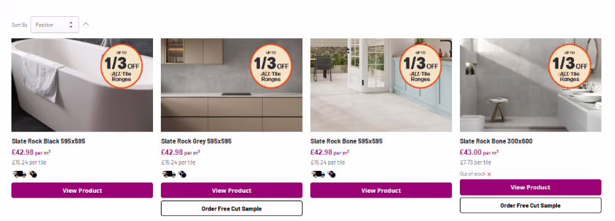 Tile Giant Variant 2 product cards showing delivery messaging and a bold magenta “View Product” CTA, but no swatches.