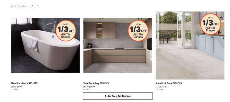 Tile Giant control version showing three product cards with basic layout and a single “Order Free Cut Sample” CTA, no swatches or delivery info.