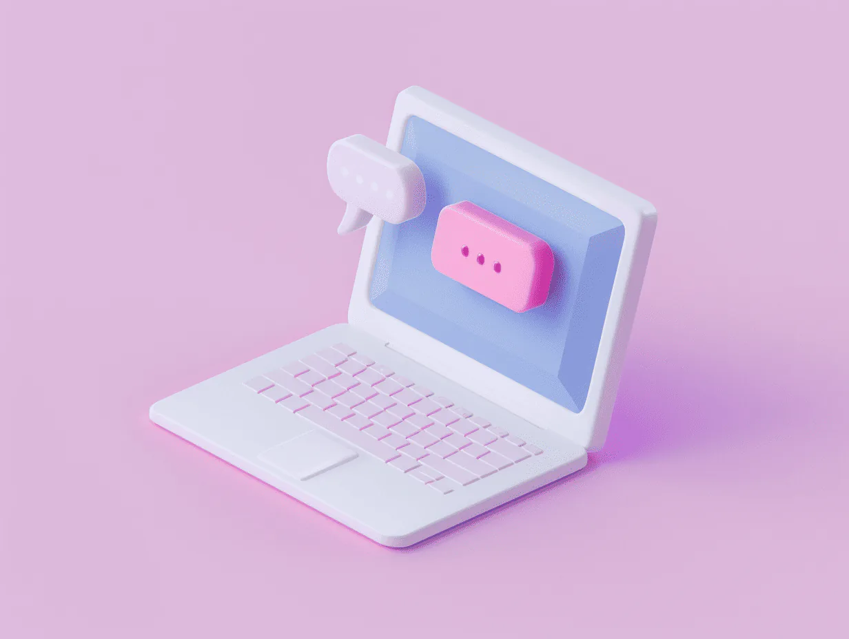 Stylized laptop with chat bubbles showing online sales interactions and digital customer engagement.