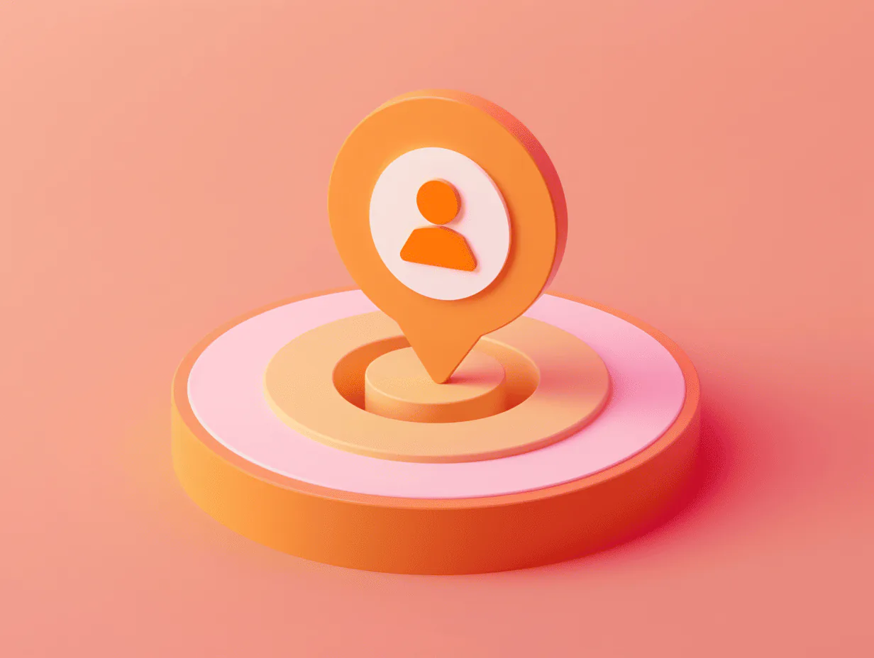 3D location marker with user icon on concentric platforms, symbolizing customer targeting and user acquisition in SaaS sales.