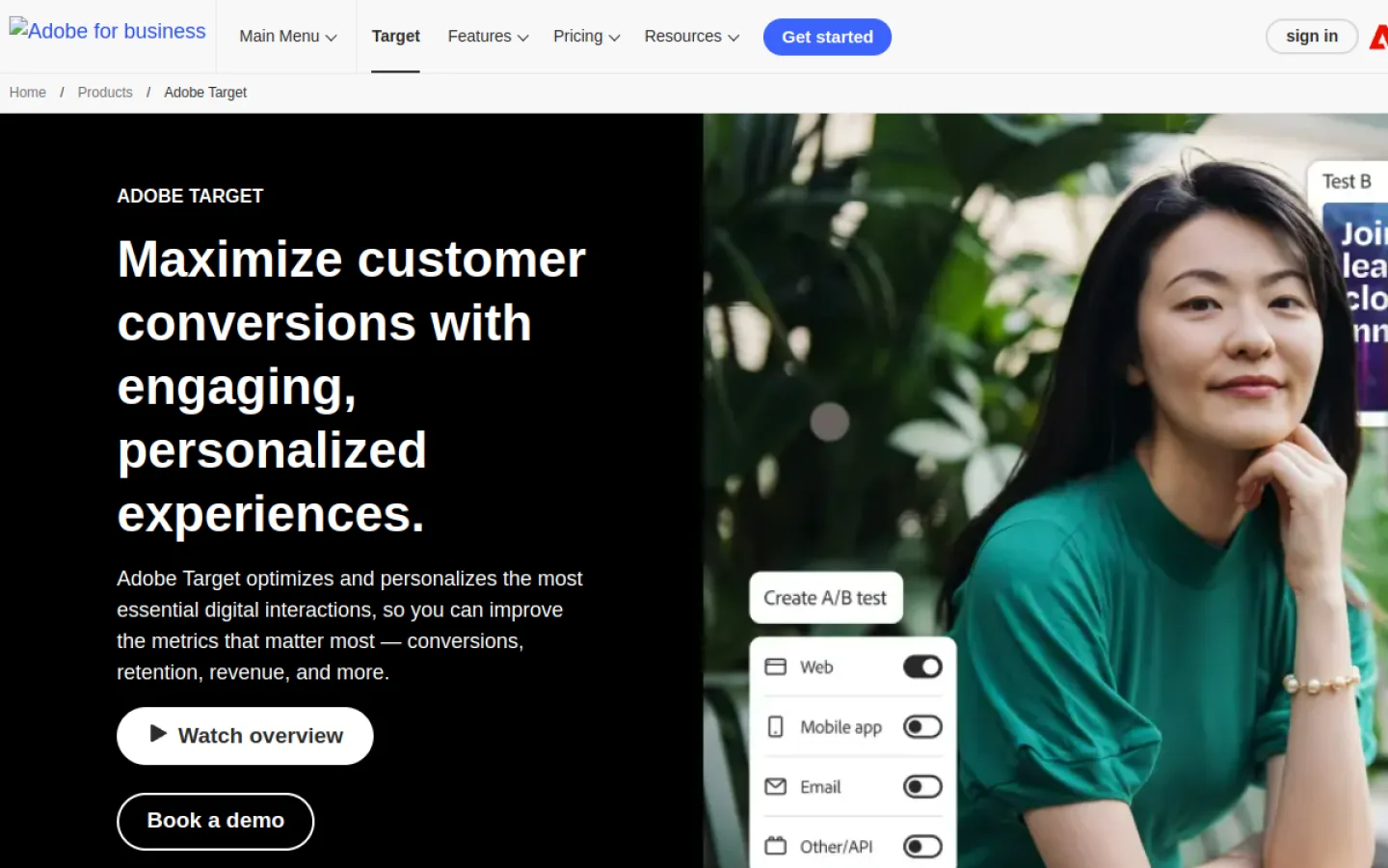 Adobe Target product page screenshot