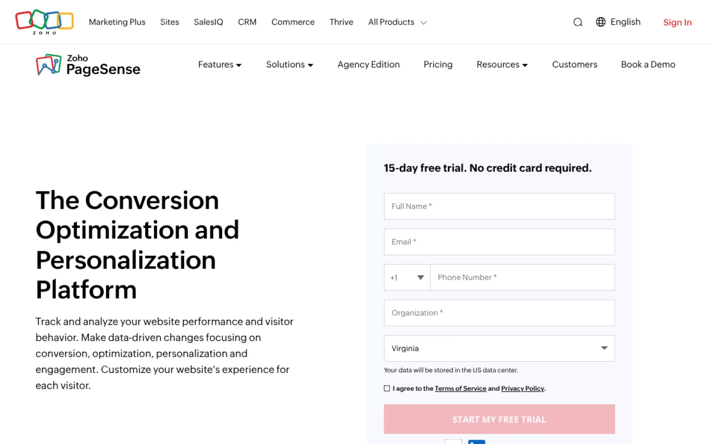 Zoho PageSense homepage screenshot