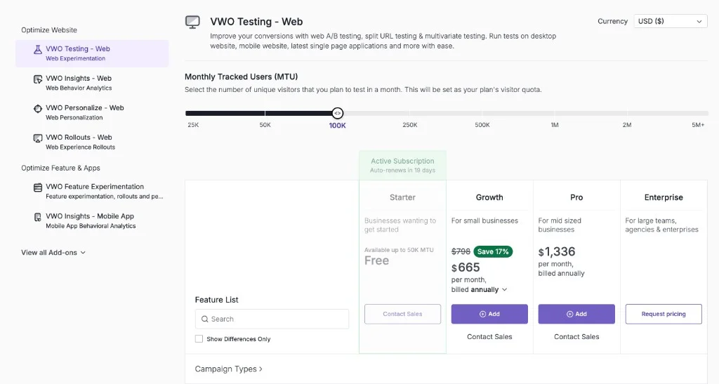VWO in-app pricing screenshot showing Growth at $665/mo and Pro at $1,336/mo billed annually at 100K MTU (May 2026)